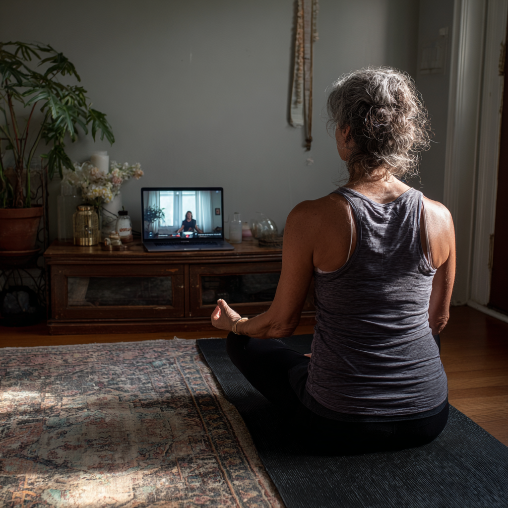 Жінка 55 років займається йогою вдома перед ноутбуком, на екрані якого видно онлайн-заняття
