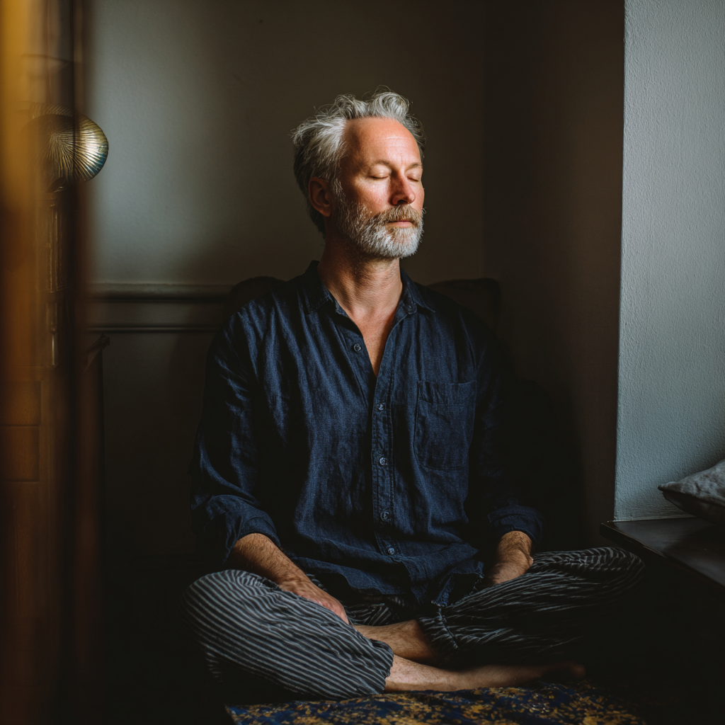 Чоловік 60 років медитує у позі лотоса в тихому куточку вдома, очі заплющені, обличчя спокійне