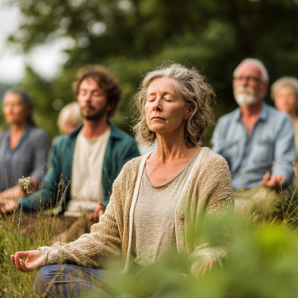 Група людей 50-60 років медитує у позі лотоса на природі серед зелені